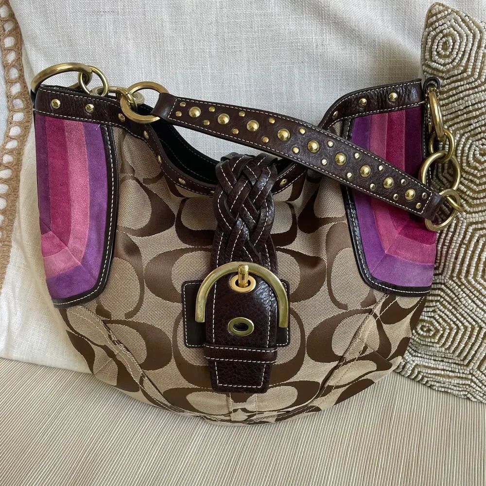 Rare Lmt Edition Coach 6426 Purple Suede Stripe Hobo Studs | Y2K Collector Grail - Picture 1 of 12